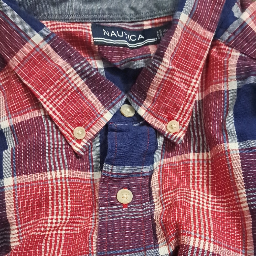 Nautica Men's Red and Blue Plaid Shirt